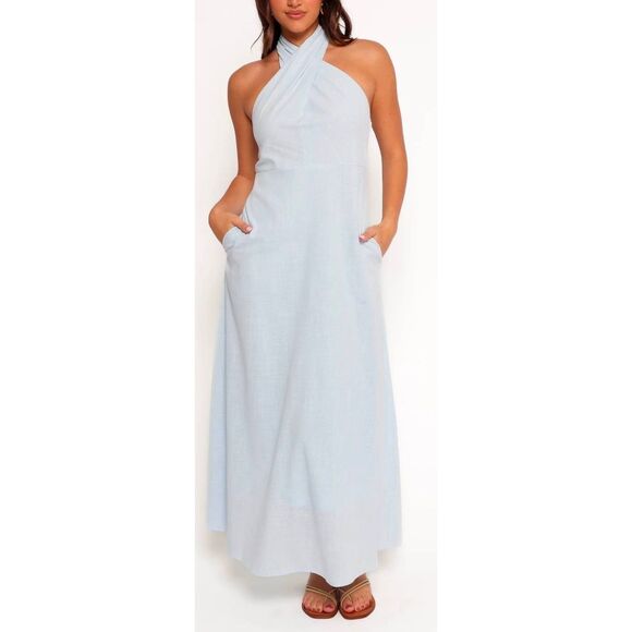 Petal & Pup Betsy Halterneck Maxi Dress Size Medium in Pale Blue NEW - Picture 1 of 10